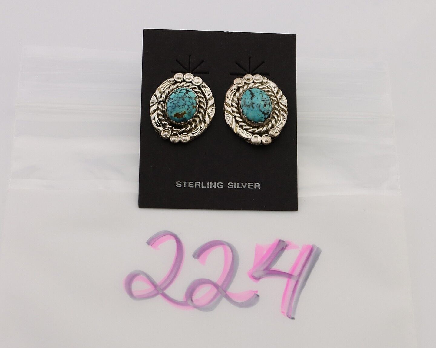 Navajo Earrings 925 Silver Spiderweb Mined Turquoise Artist Signed NE C.80's