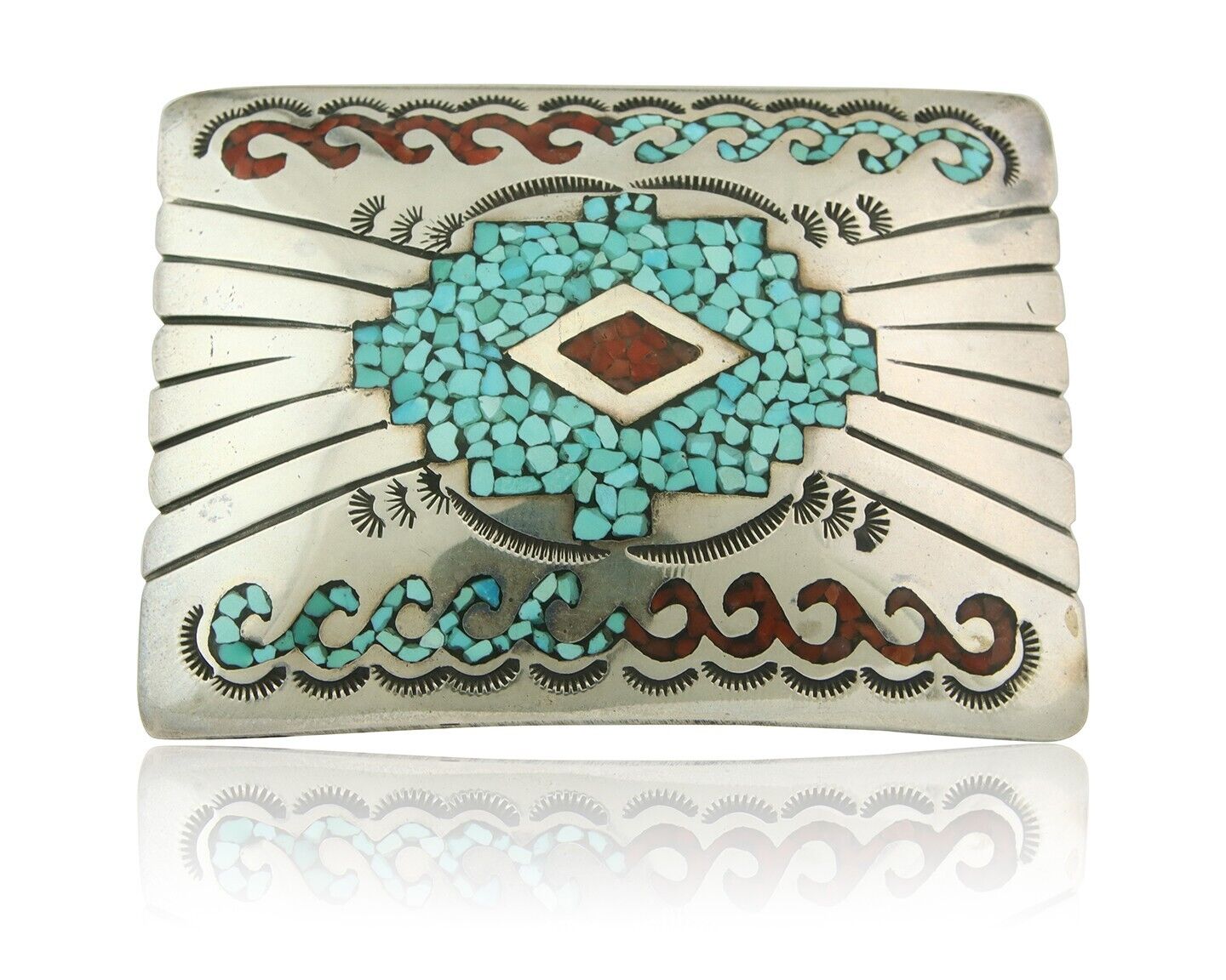 Vintage Navajo Belt Buckle 925 Silver Handmade Inlaid Gemstone Signed IHMJ