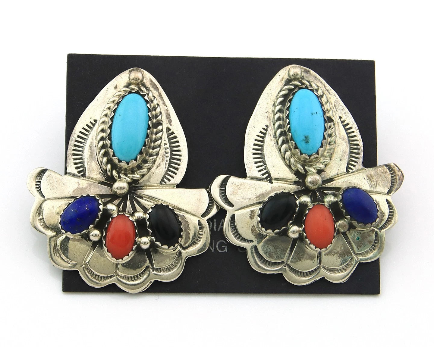 Navajo Dangle Earrings Sterling Silver Natural Gemstones Vintage Handmade
