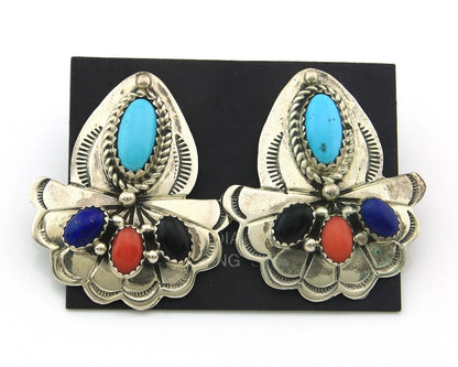 Navajo Dangle Earrings Sterling Silver Natural Gemstones Vintage Handmade