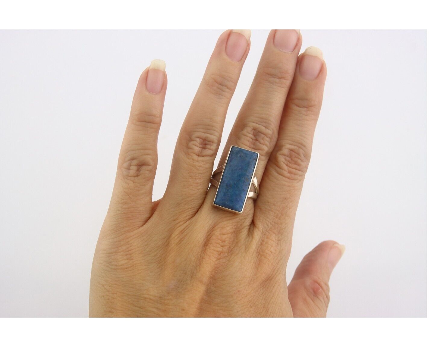 Navajo Ring 925 Sterling Lapis Handmade Native Artist C.80's Size 5.75