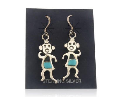Navajo Earrings 925 Silver Natural Turquoise & Onyx Native American Artist C.80s