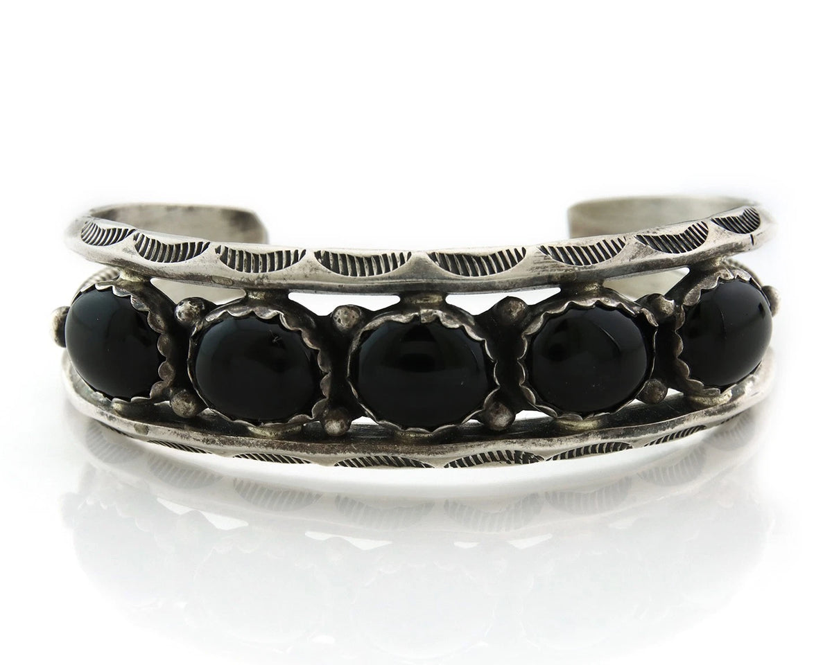 Navajo Cuff Bracelet 925 Sterling Silver Onyx Handmade Vintage Signed H Spencer
