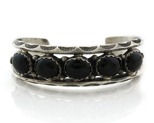 Navajo Cuff Bracelet 925 Sterling Silver Onyx Handmade Vintage Signed H Spencer