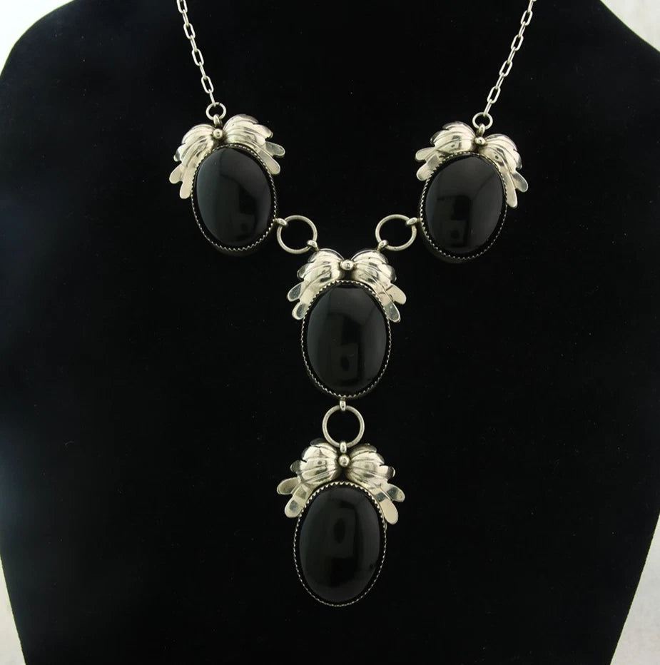 Navajo Necklace Earring Set Sterling Silver Onyx Vintage Signed NS