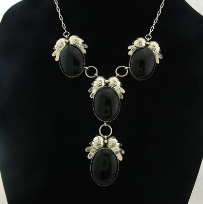Navajo Necklace Earring Set Sterling Silver Onyx Vintage Signed NS