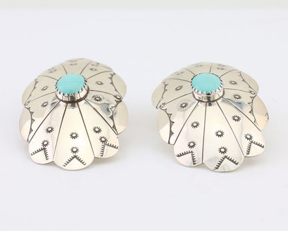 Navajo Hand Stamped Shield Earrings 925 Silver Turquoise Native Artist C.80's