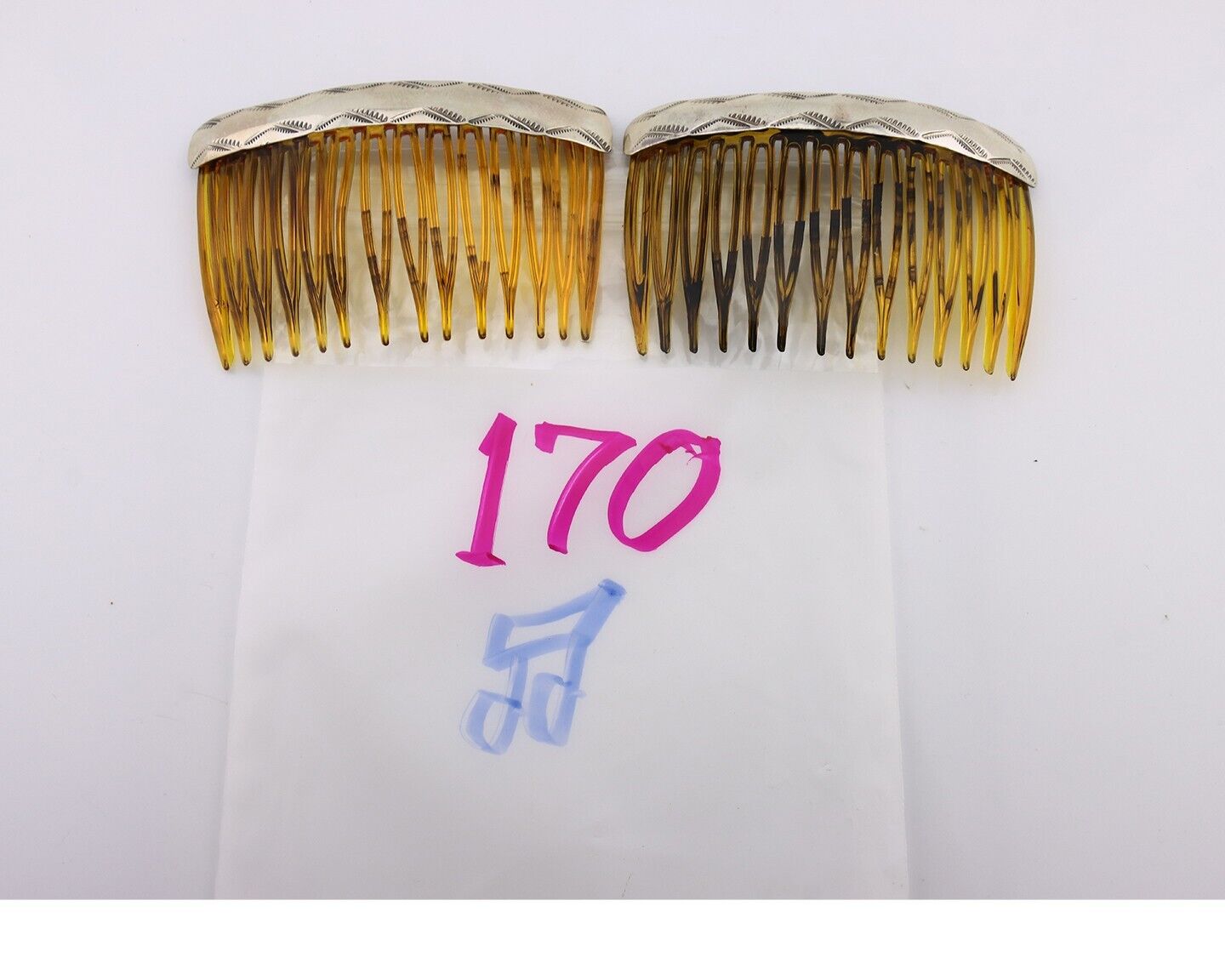 Navajo Hair Comb 925 Silver Hand Stamped Native American Artist 2 Piece Set C80s