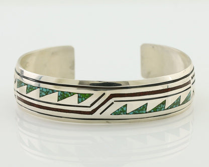Navajo Inlay Bracelet 925 Silver Turquoise & Coral Signed Stanely Bain C.80's