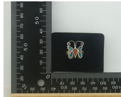Navajo Ring 925 Silver Inlaid Butterfly Turquoise & Coral C.80's Size 5.5