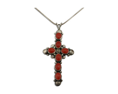 Navajo Cross Pendant 925 Silver Natural Coral Artist Signed Archie Martinez C80s