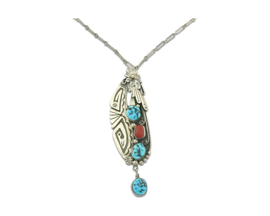Vintage Navajo Necklace 925 Silver Turquoise & Coral Artist Signed JG