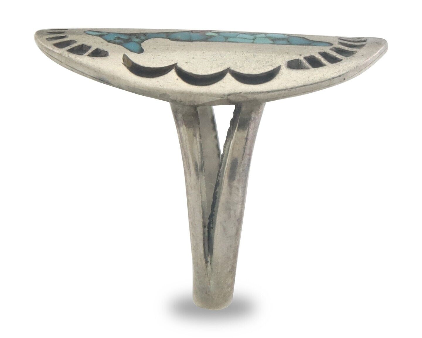 Navajo Ring 925 Sterling Natural Chip Inlay Coral & Turquoise C.80's Size 4.5