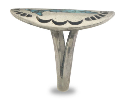 Navajo Ring 925 Sterling Natural Chip Inlay Coral & Turquoise C.80's Size 4.5