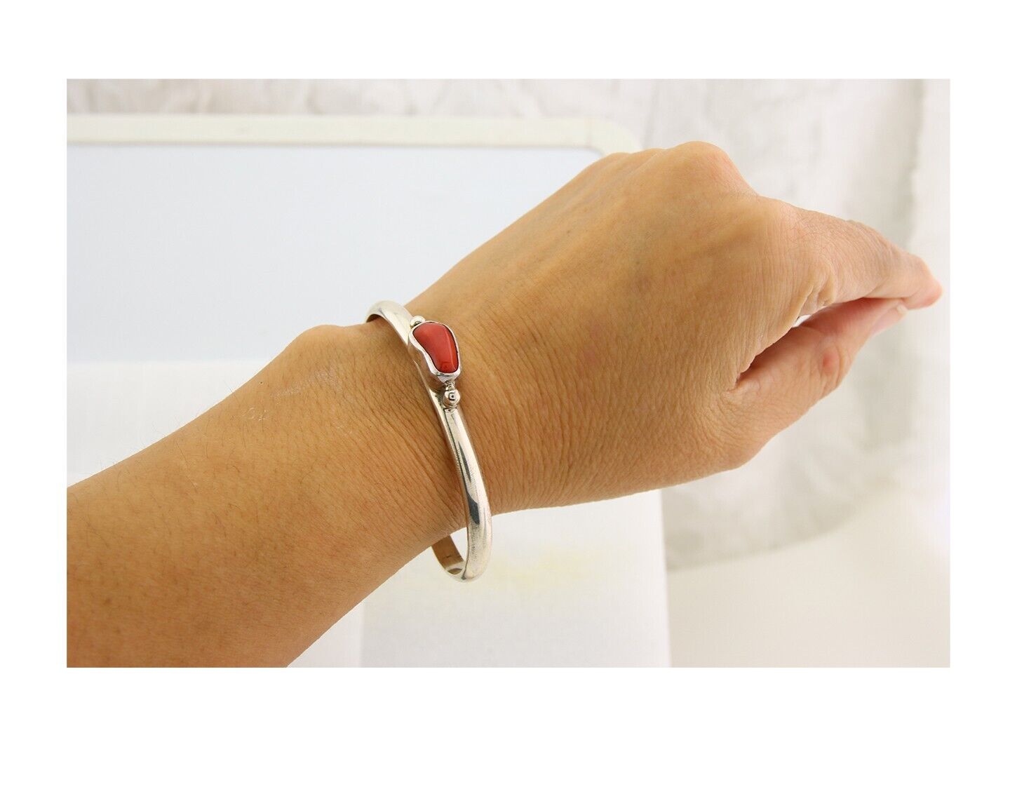 Navajo Bracelet .925 Silver Mediterranean Red Coral Cuff Native Artist C.80's