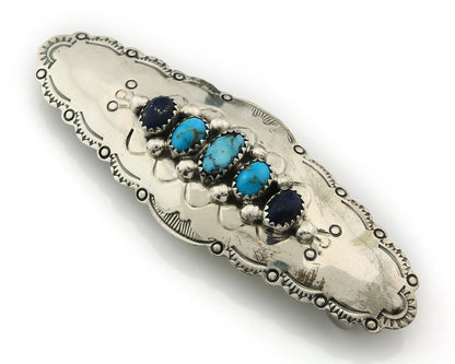 Navajo Barrette Sterling Silver Gemstones Hand Stamped Vintage Native Artist