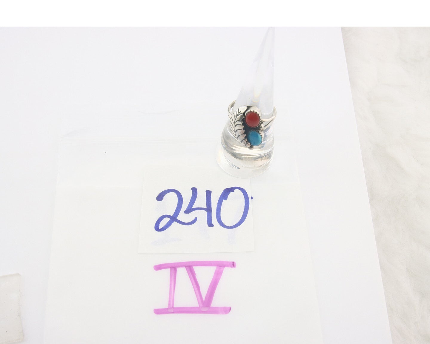 Navajo Ring 925 Sterling Natural Coral & Turquoise Signed BB C.80's Size 7.5