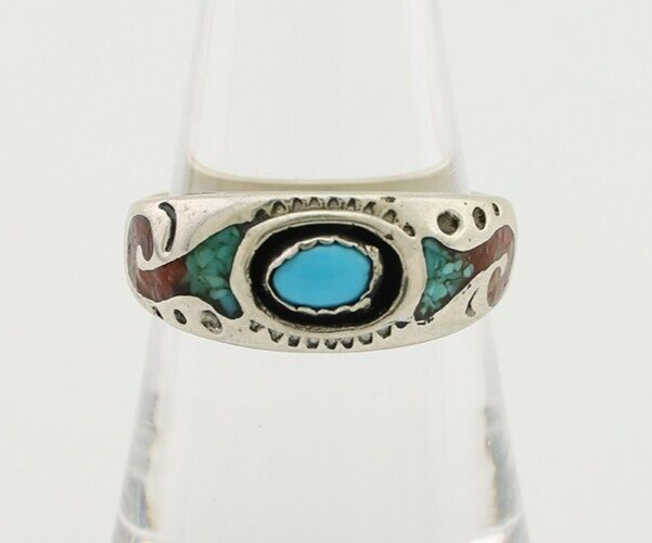 Navajo Ring 925 Silver Turquoise & Coral Natural American Artist C.80's