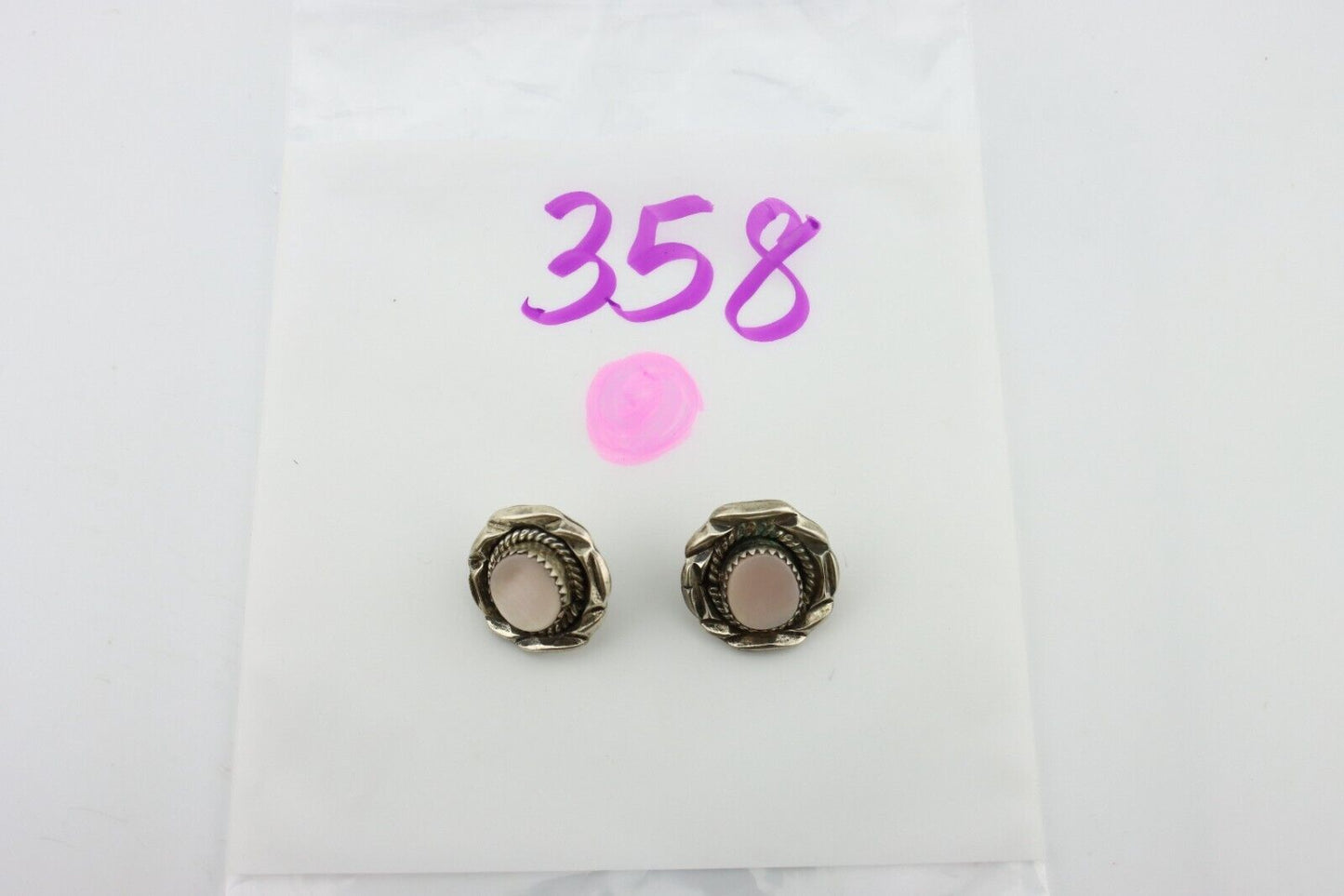 Navajo Handmade Earrings 925 Silver Pink Mussel Native American Artist C.80's