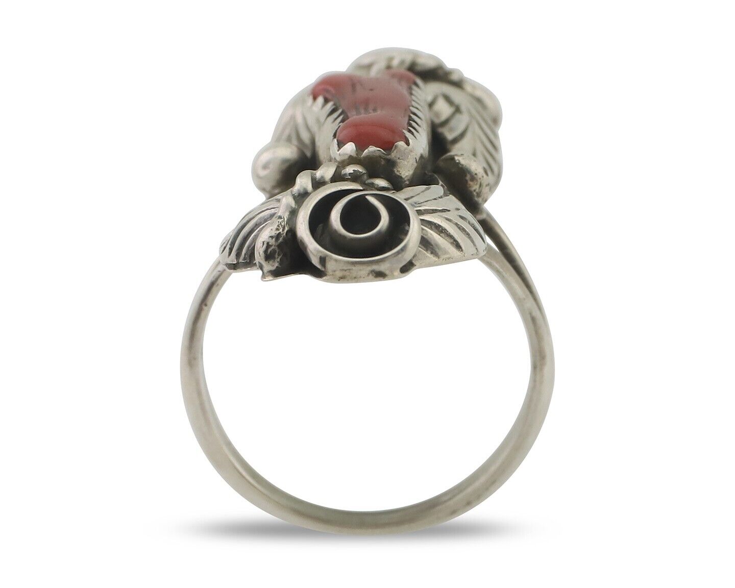 Navajo Handmade Ring 925 Silver Natural Mediterranean Coral Signed Duffy C.80's