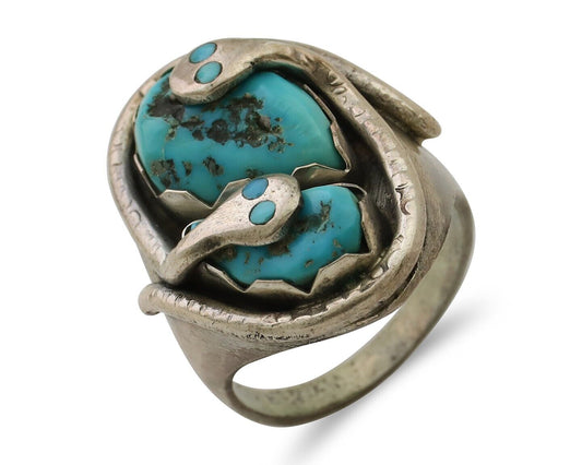 Mens Heavy Zuni Snake Ring 925 Silver Turquoise Signed EFFIE CALAVASA C.80's