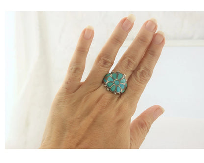 Native American Ring Sterling Silver Natural Turquoise Signed Size 7.75