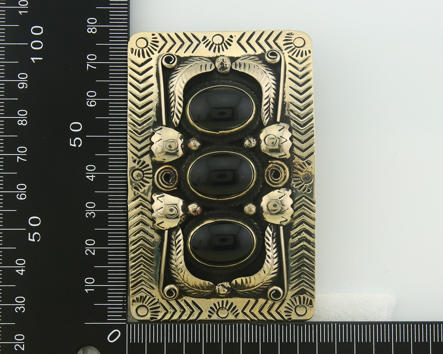 Navajo Concho Belt Buckle .999 Nickel Onyx Native American Artist 2x3 in C.80's