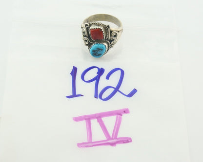 Men Navajo Ring 925 Sterling Natural Coral & Turquoise Signed JM C.80's Sz 12.25
