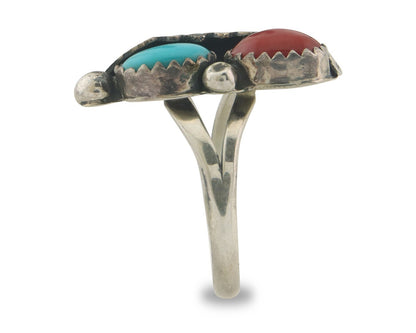 Navajo Ring 925 Sterling Natural Coral & Turquoise Signed BB C.80's Size 5.0