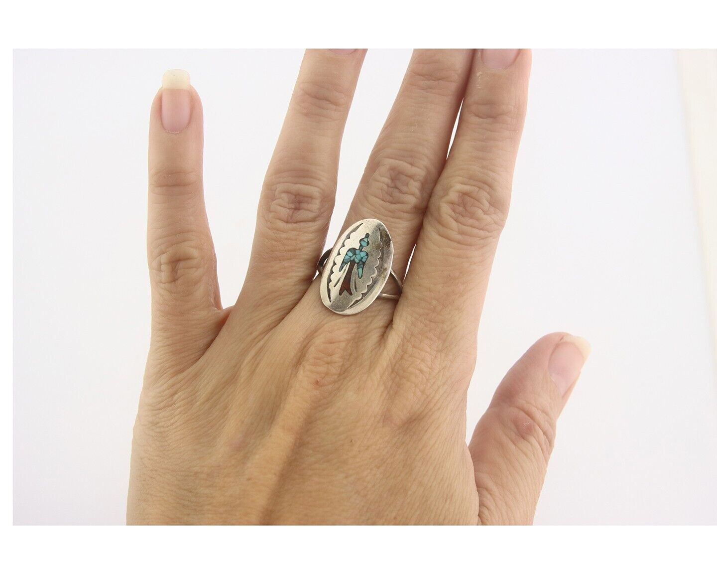 Navajo Ring 925 Sterling Natural Chip Inlay Coral & Turquoise C.80's Size 8.0