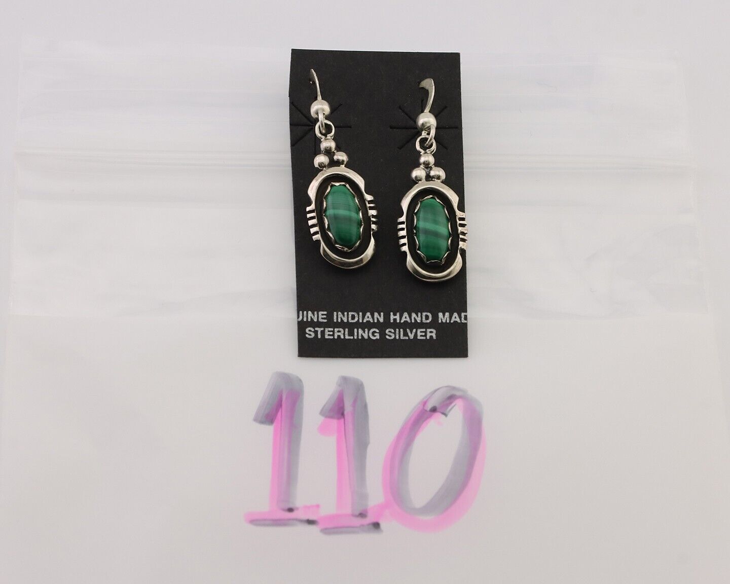 Navajo Dangle Earrings 925 Silver Natural Malachite Native American Artist C.80s