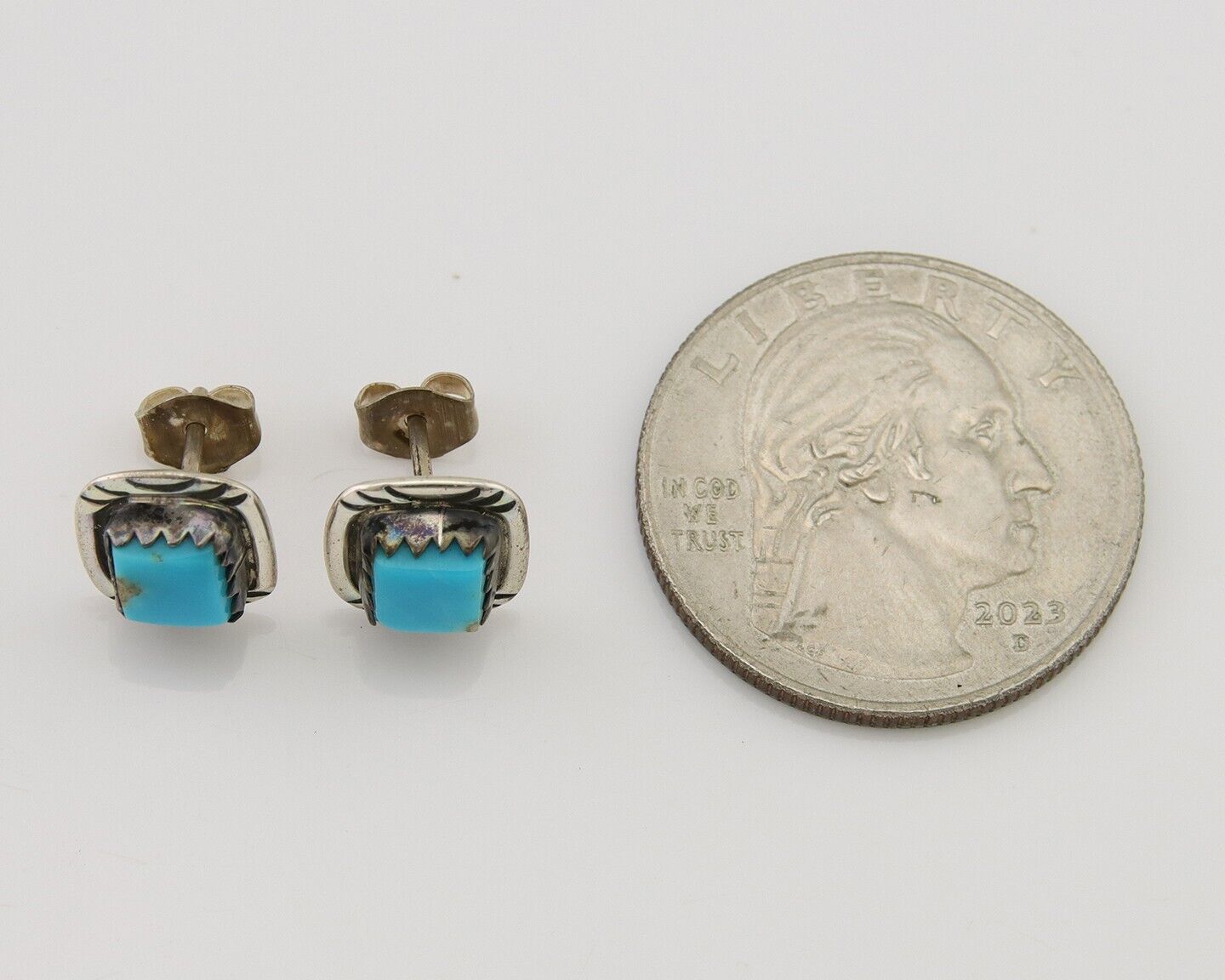 Navajo Hand Stampied Earrings 925 Silver Blue Turquoise Native Artist C.80's