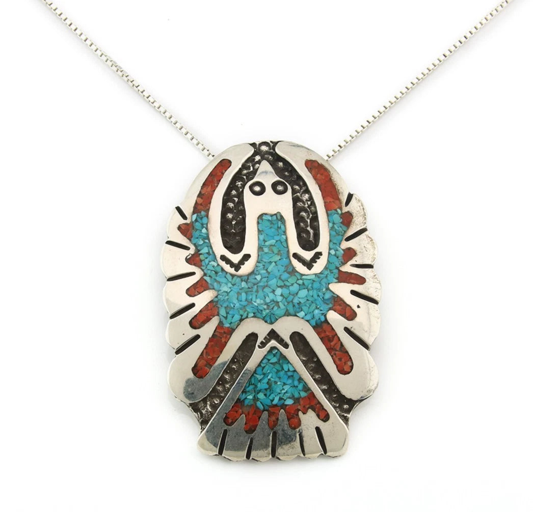 Navajo Phoenix Necklace Sterling Silver Turquoise & Coral Signed RP