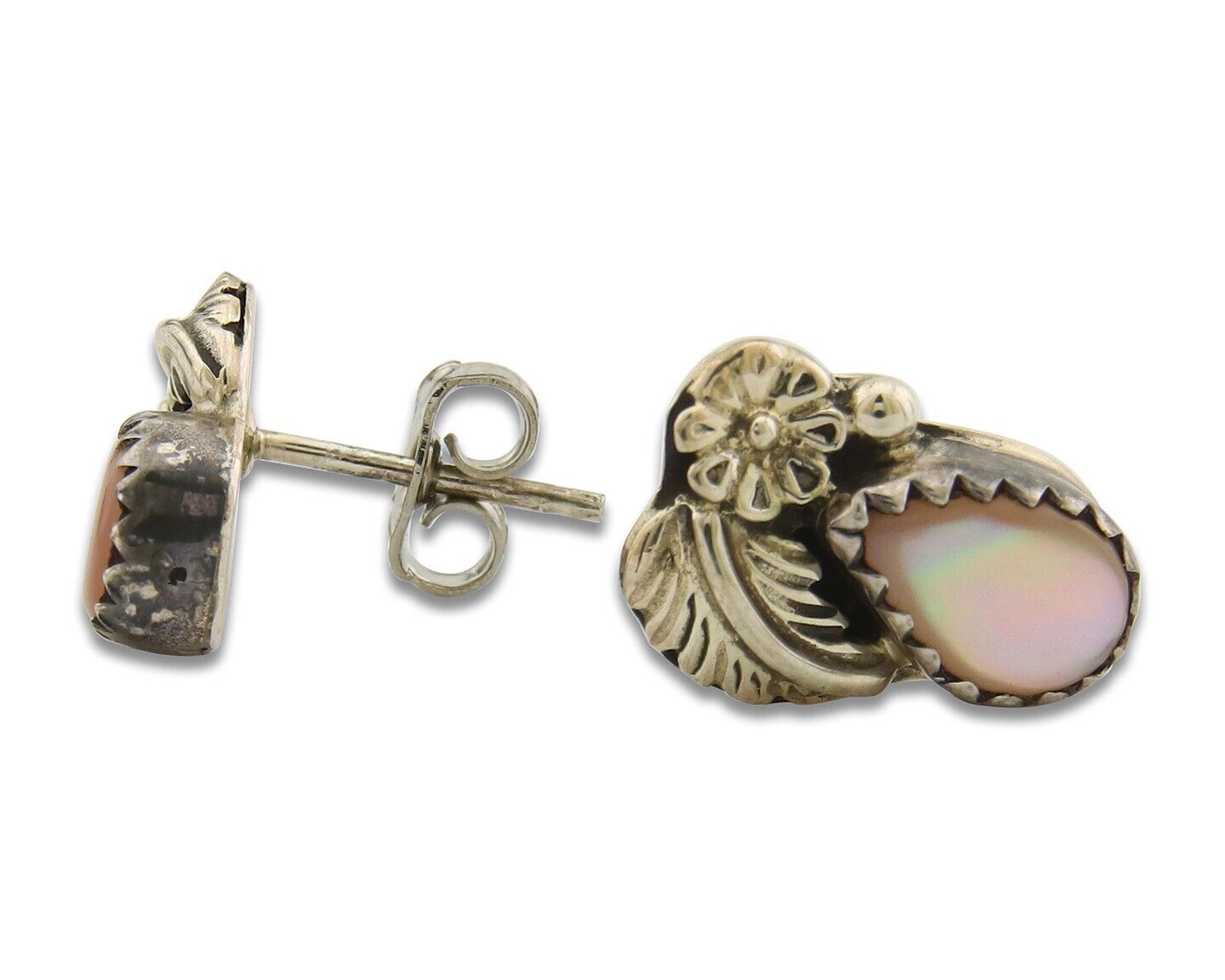 Navajo Earrings 925 Silver Handmade Natural Pink Mussel Native American Artist