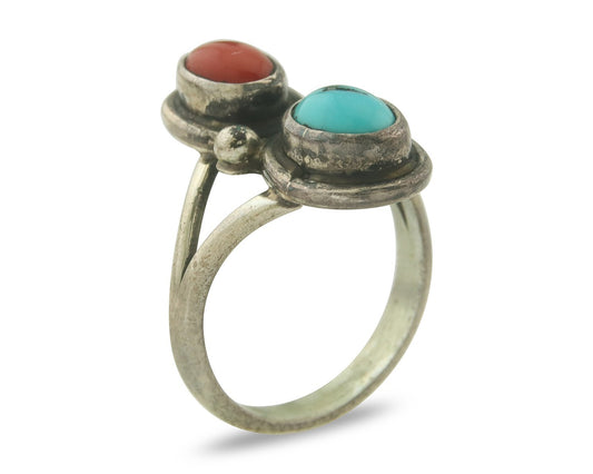 Vintage Navajo Ring 925 Sterling Natural Coral & Turquoise Native Artist Sz 7.0