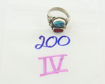 Men Navajo Ring 925 Sterling Natural Coral & Turquoise Signed JM C.80's Sz 12.5