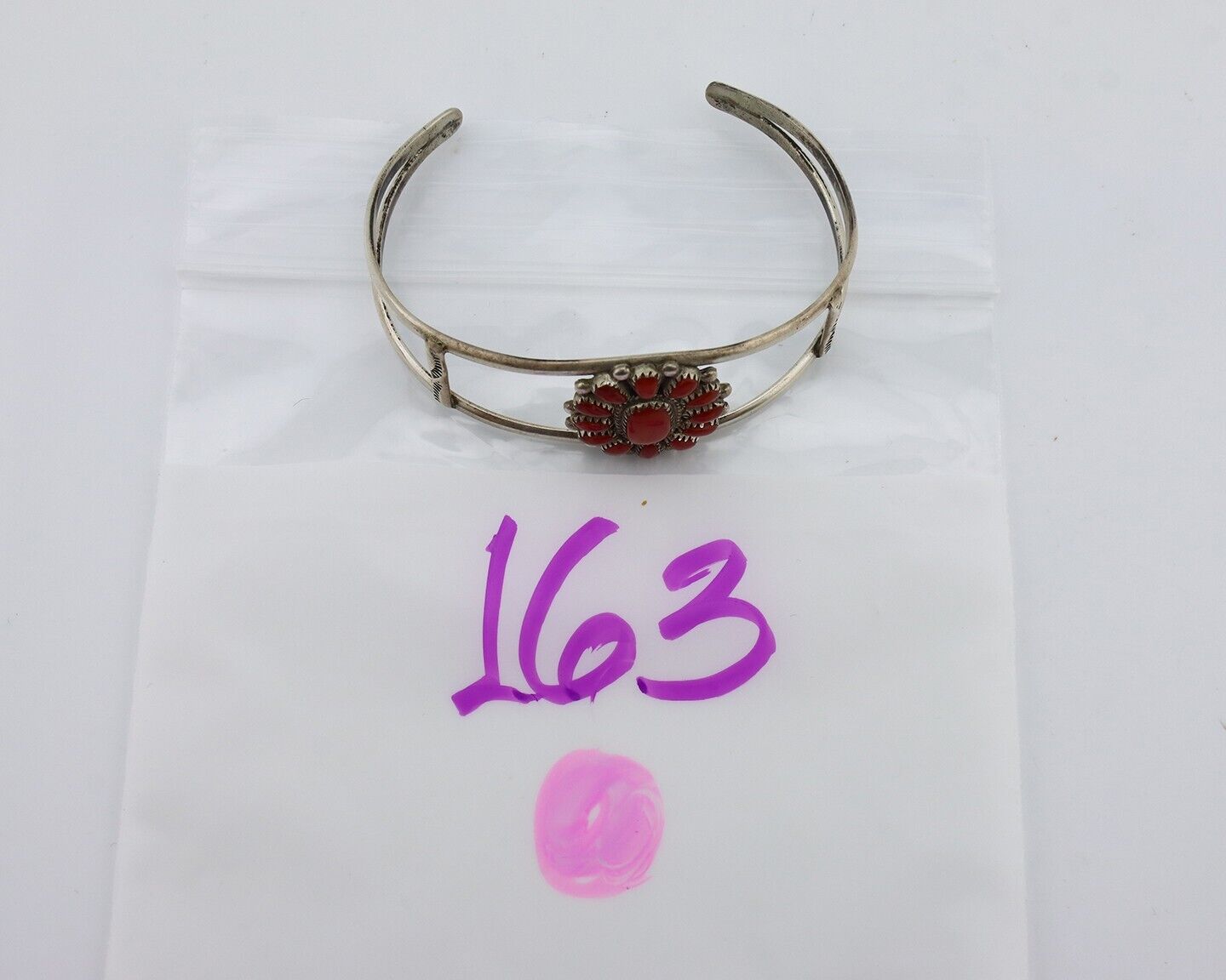 Zuni Bracelet 925 Silver Natural Red Coral Artist Signed J BESSELEN C.80's