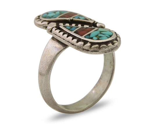 Navajo Ring 925 Silver Chip Inlay Turquoise & Coral Native Artist C.80's