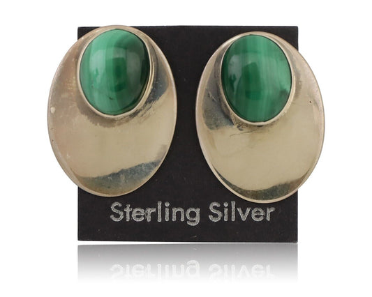 Navajo Shield Earrings 925 Silver Natural Malachite Signed Ella Peters C.80's