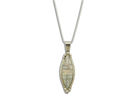 Navajo Inlaid Pendant .925 Silver Simulated Opal Handmade Necklace