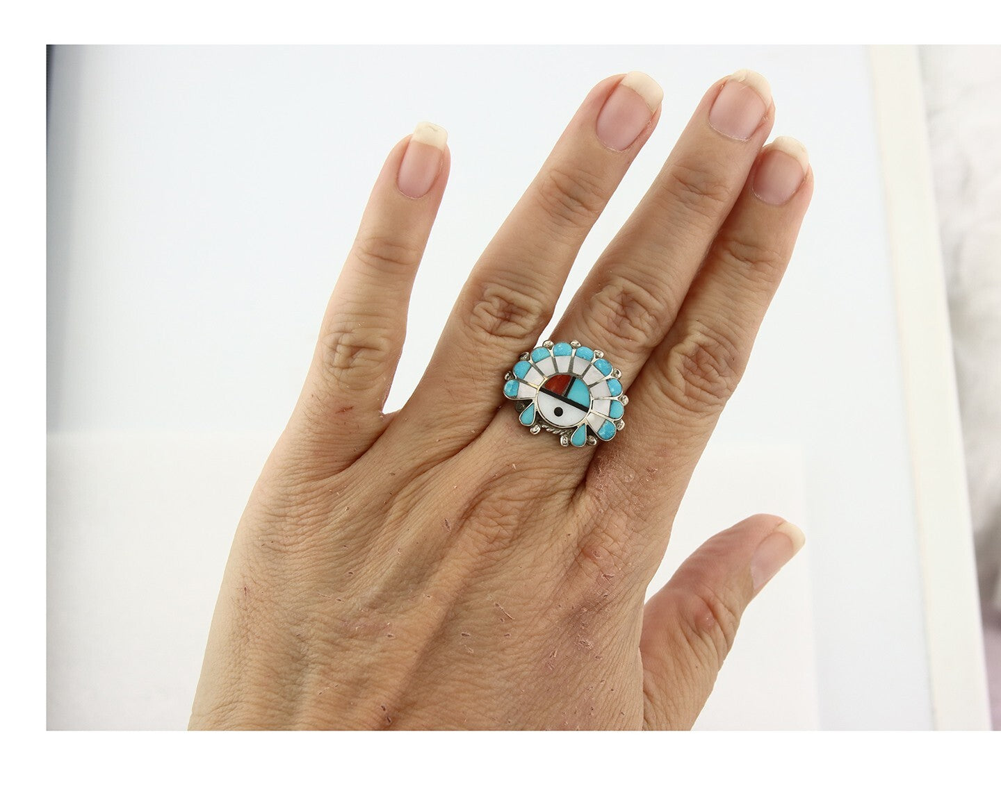 Vintage Zuni Ring 925 Sterling Silver Natural Gemstone Size 7.25