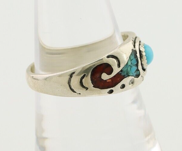 Navajo Ring 925 Silver Turquoise & Coral Natural American Artist C.80's