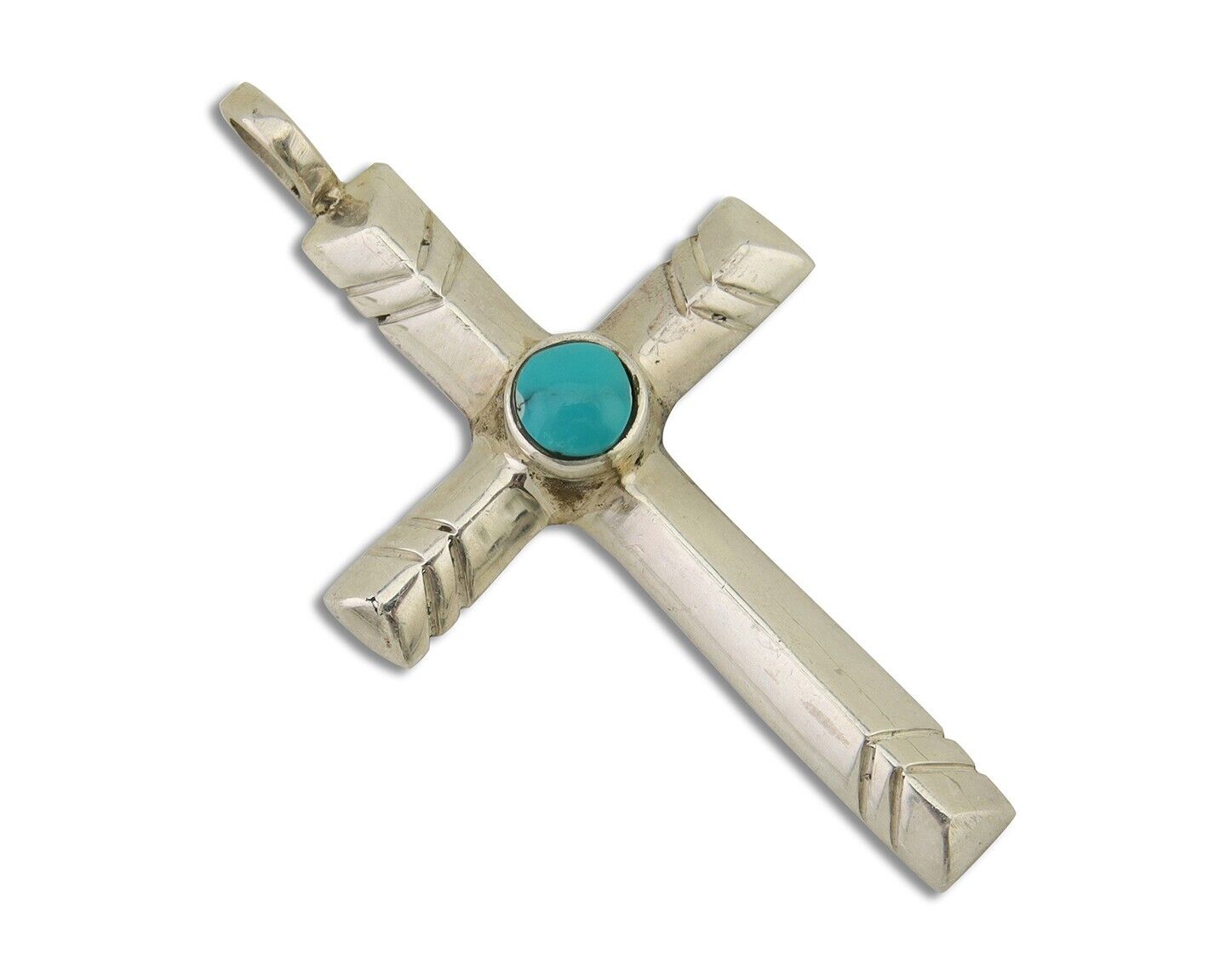 Navajo Sand Cast Cross Pendant 925 Silver Turquoise Artist Signed J Yazzie C.80s