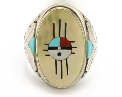 Zuni Sun Inlaid Ring .925 Silver Artist Signed Hustito C.1980's