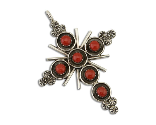 Zuni Cross Pendant 925 Silver Mediterranean Coral Artist Signed Lonasee C.80's