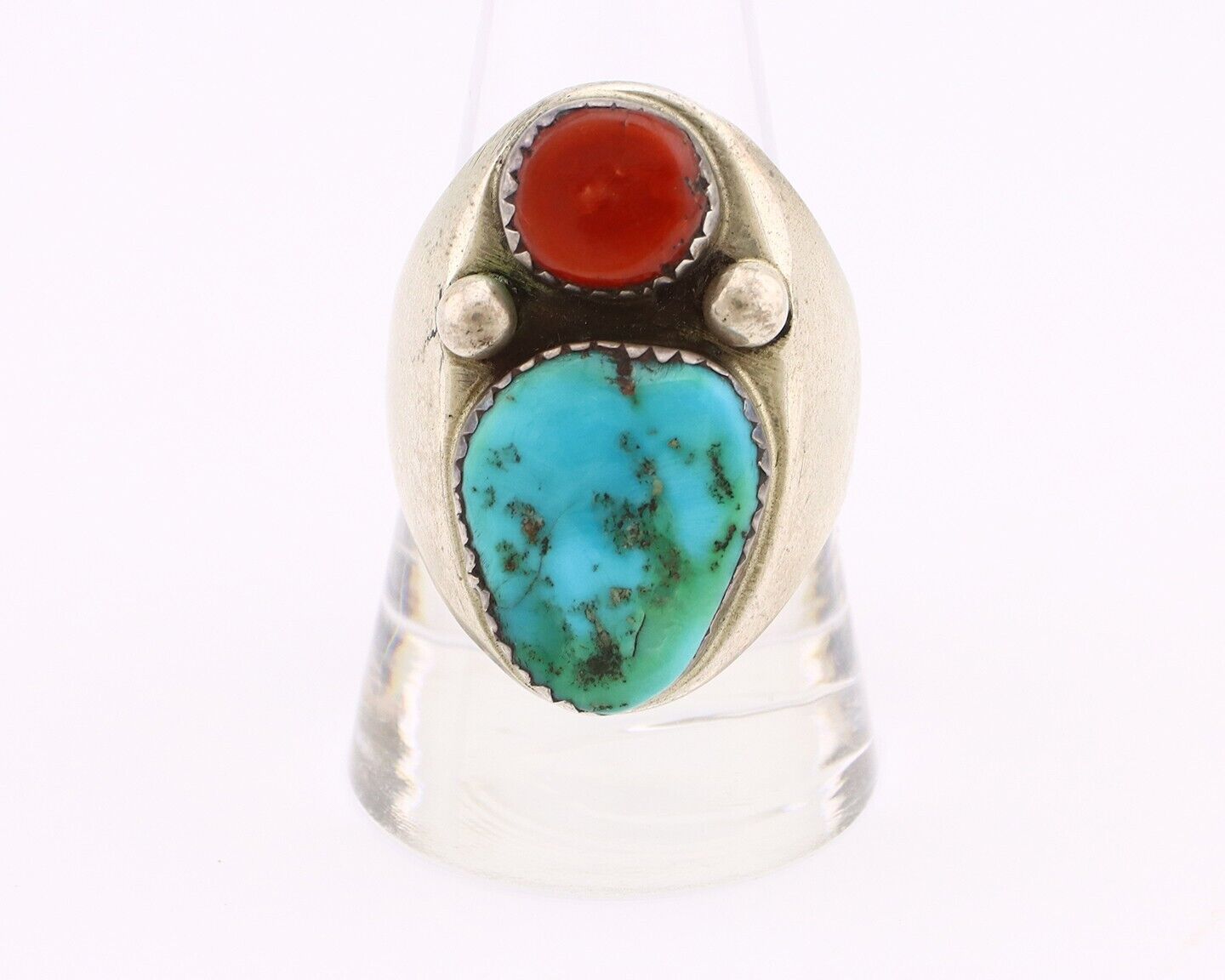 Navajo Ring 925 Silver Sleeping Beauty Turquoise & Coral Native Artist C.80s