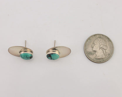 Navajo Shield Earrings 925 Silver Natural Turquoise Signed Ella Peters C.80's