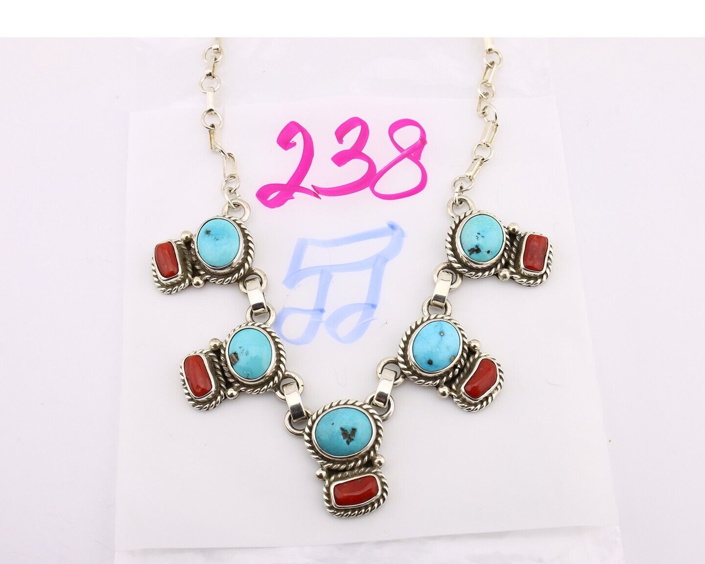 Navajo Necklace 925 Silver Natural Blue Turquoise & Coral Native American C80s