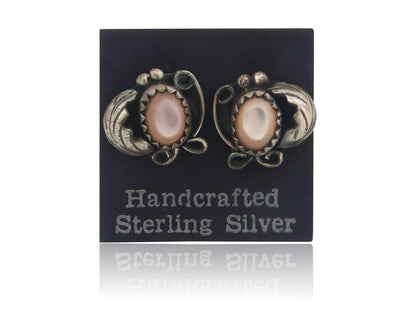 Navajo Earrings 925 Silver Handmade Natural Pink Mussel Native American Artist