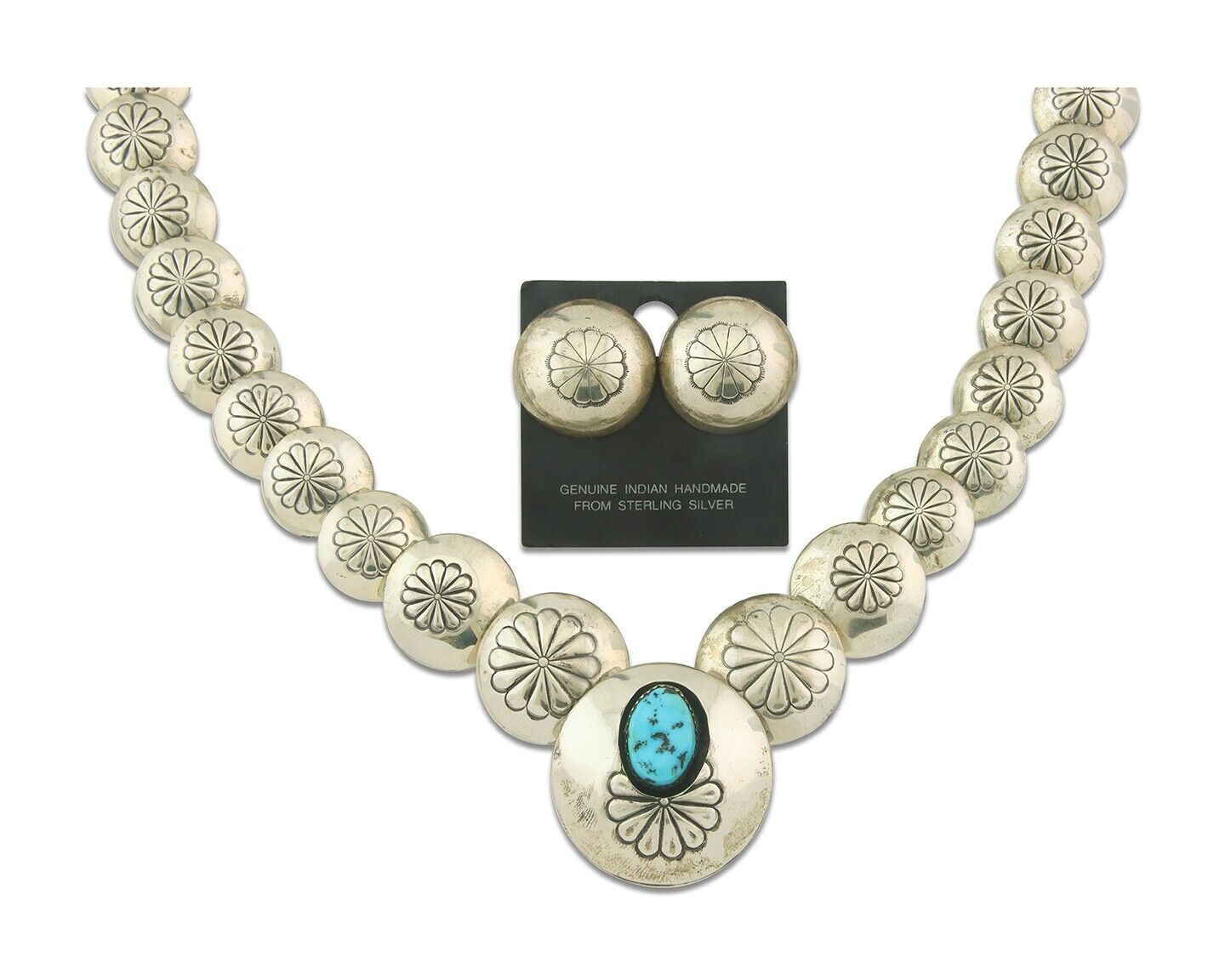 Vintage Navajo Bead Necklace 925 Siilver Turquoise Hand Stamped Native Artist